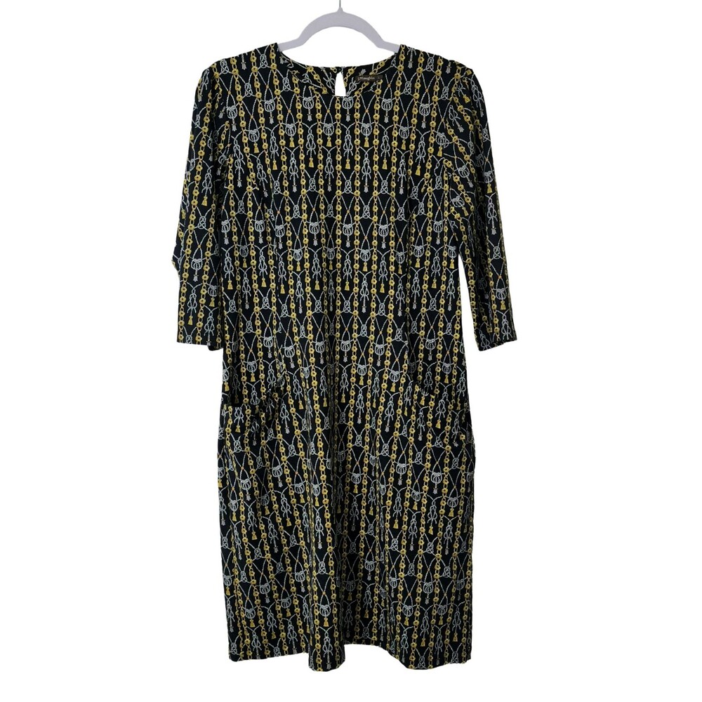 J McLaughlin Womens L Catalina Cloth Shift Dress Chain Print 3/4 Sleeve Black